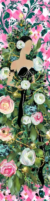 Free printable Christmas bookmarks of a woman beside a Christmas tree